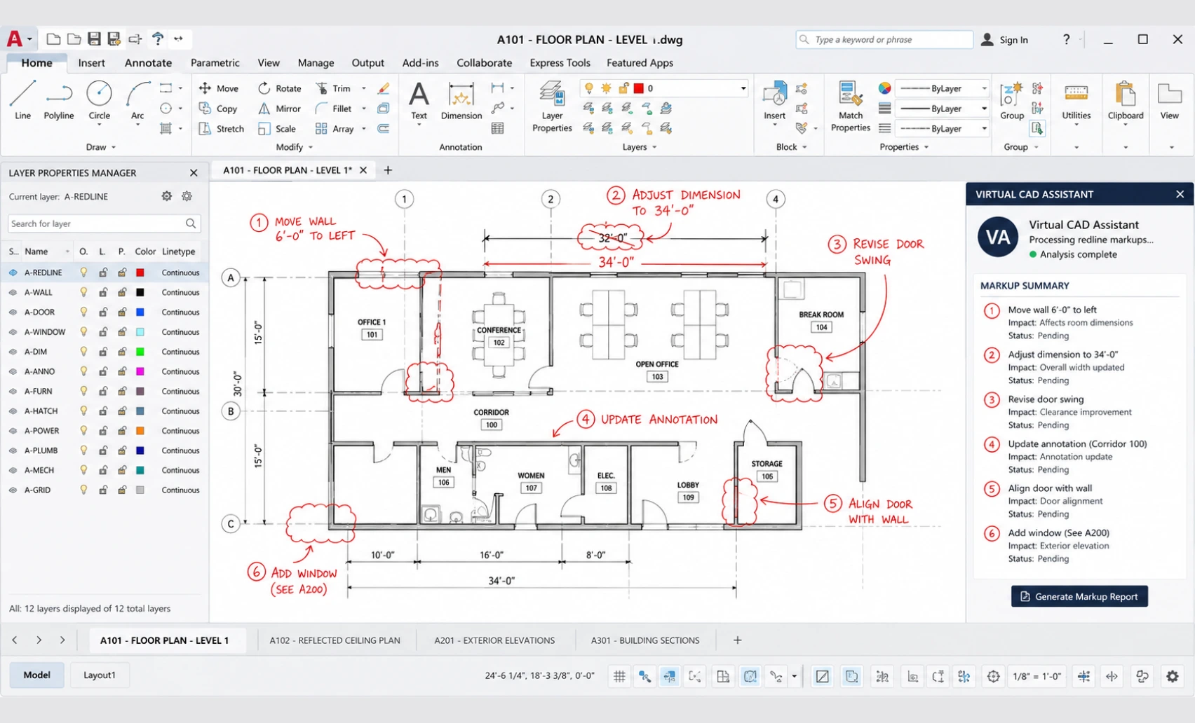 AutoCAD virtual assistant processing redline markups on a 2D drawing set