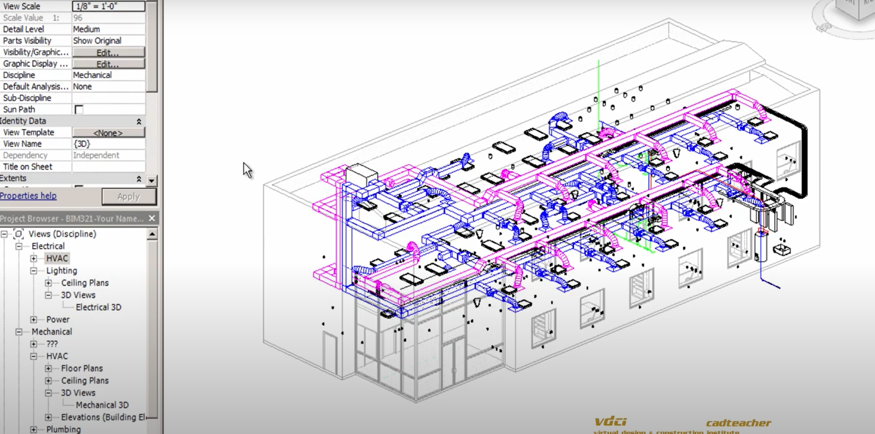 Revit MEP template with air-terminal families and clash icons visible