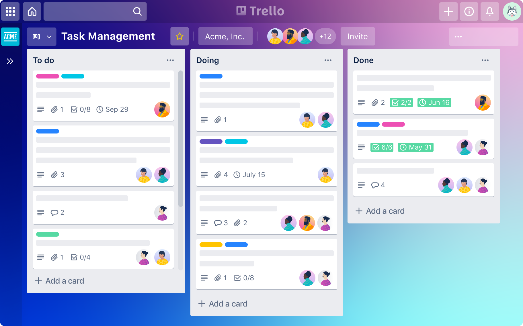 Screenshot mockup: Trello board tracking remote VEA tasks