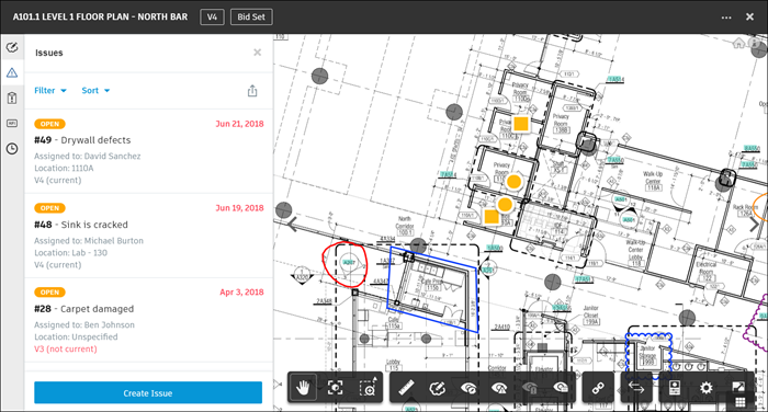 Issue log shows pins, assignee, due date, and status columns