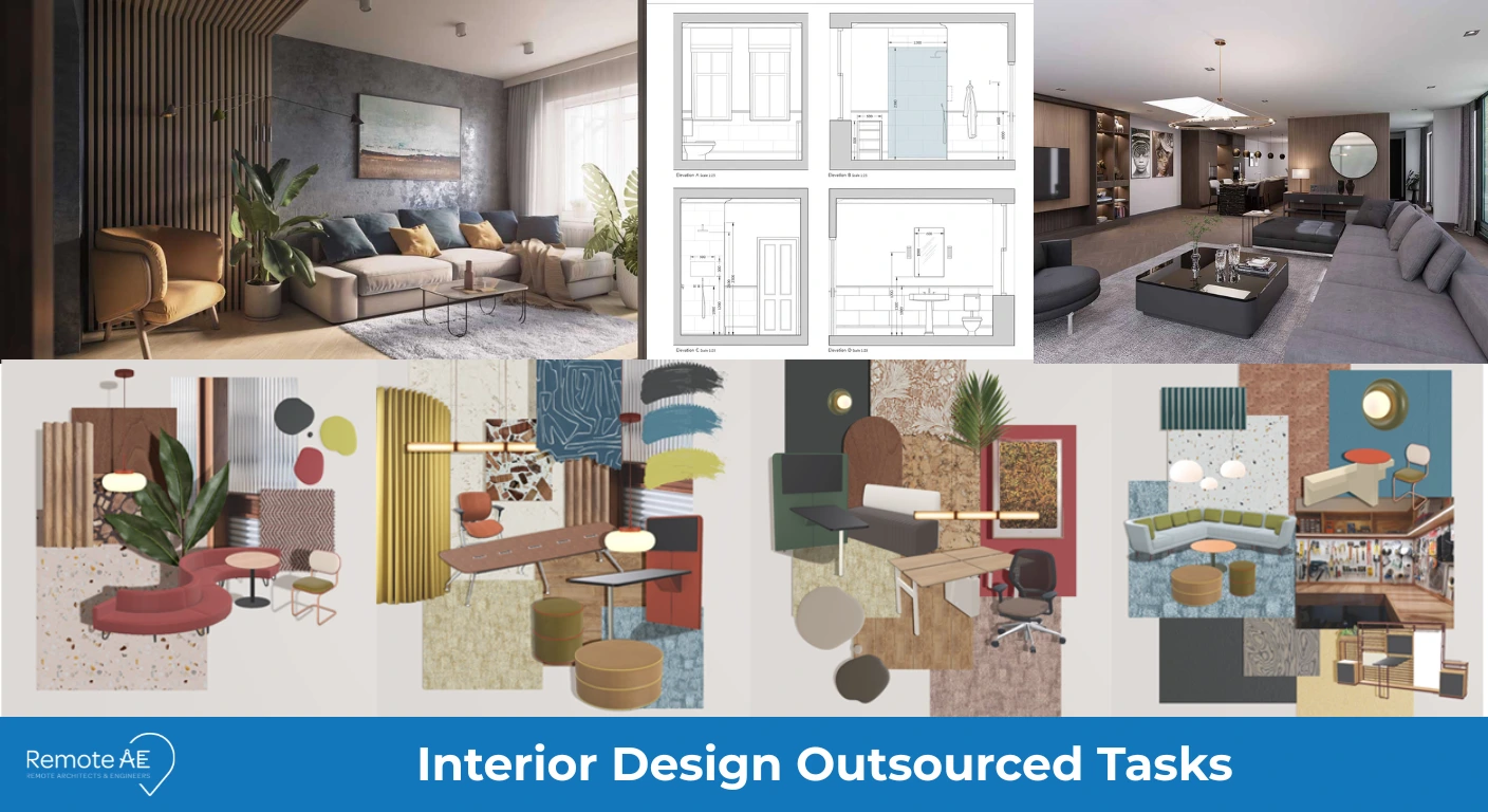 Examples of outsourced interior design tasks, including 3D rendering, CAD drafting, and FF&E boards - Remote AE.