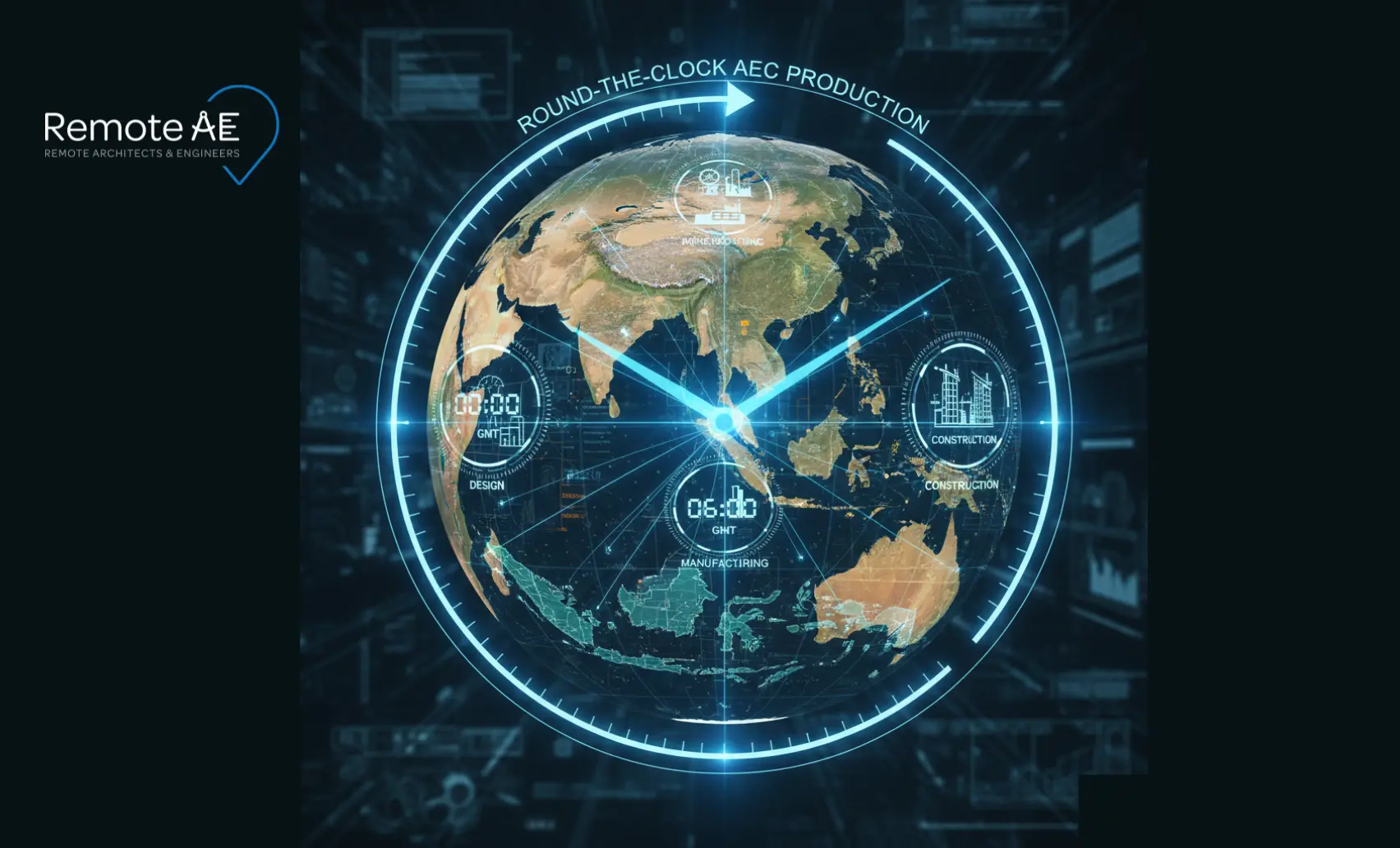 Clock map illustrating round-the-clock AEC production across time zones.