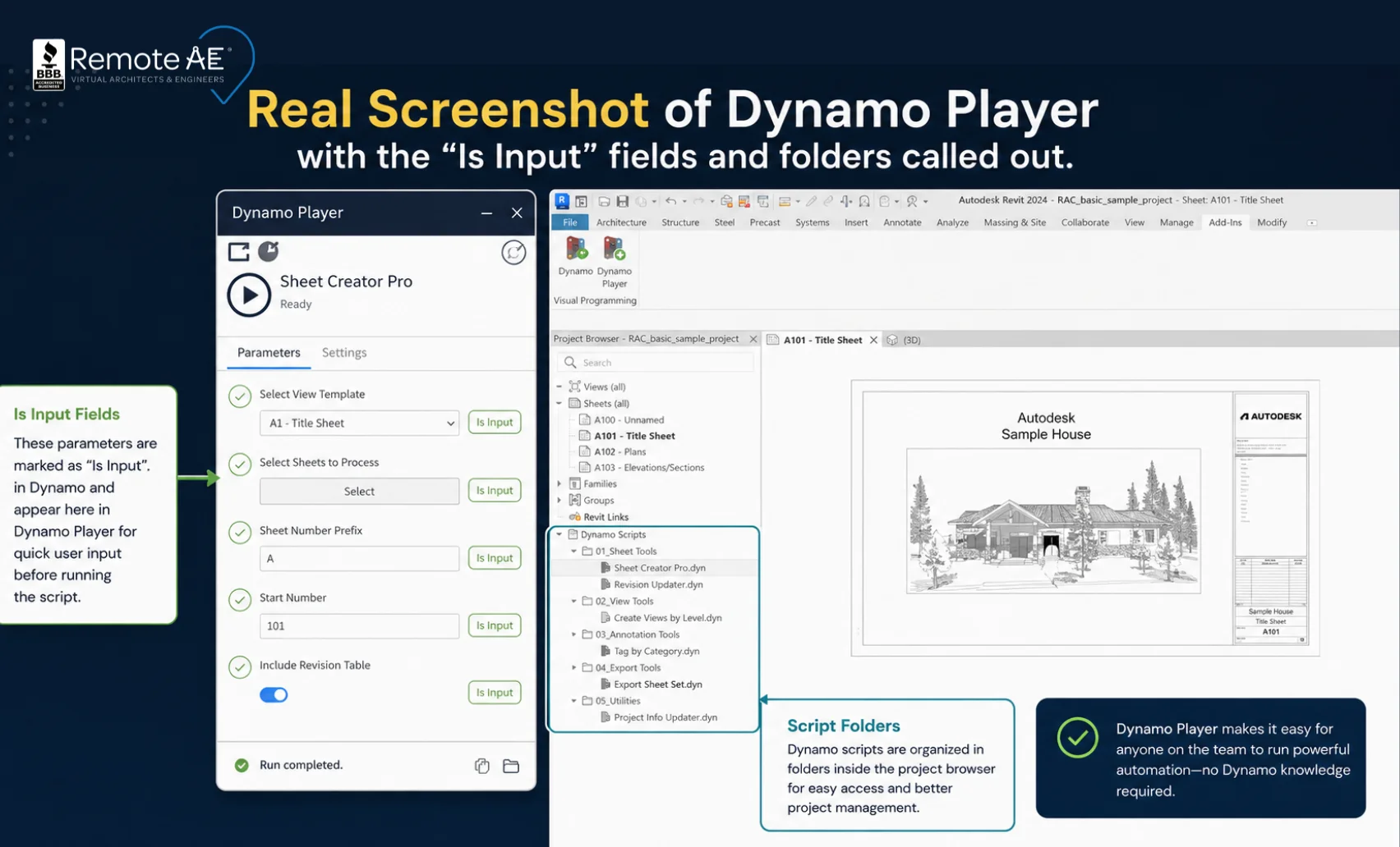 Dynamo Player showing Is Input fields and script folders in Revit