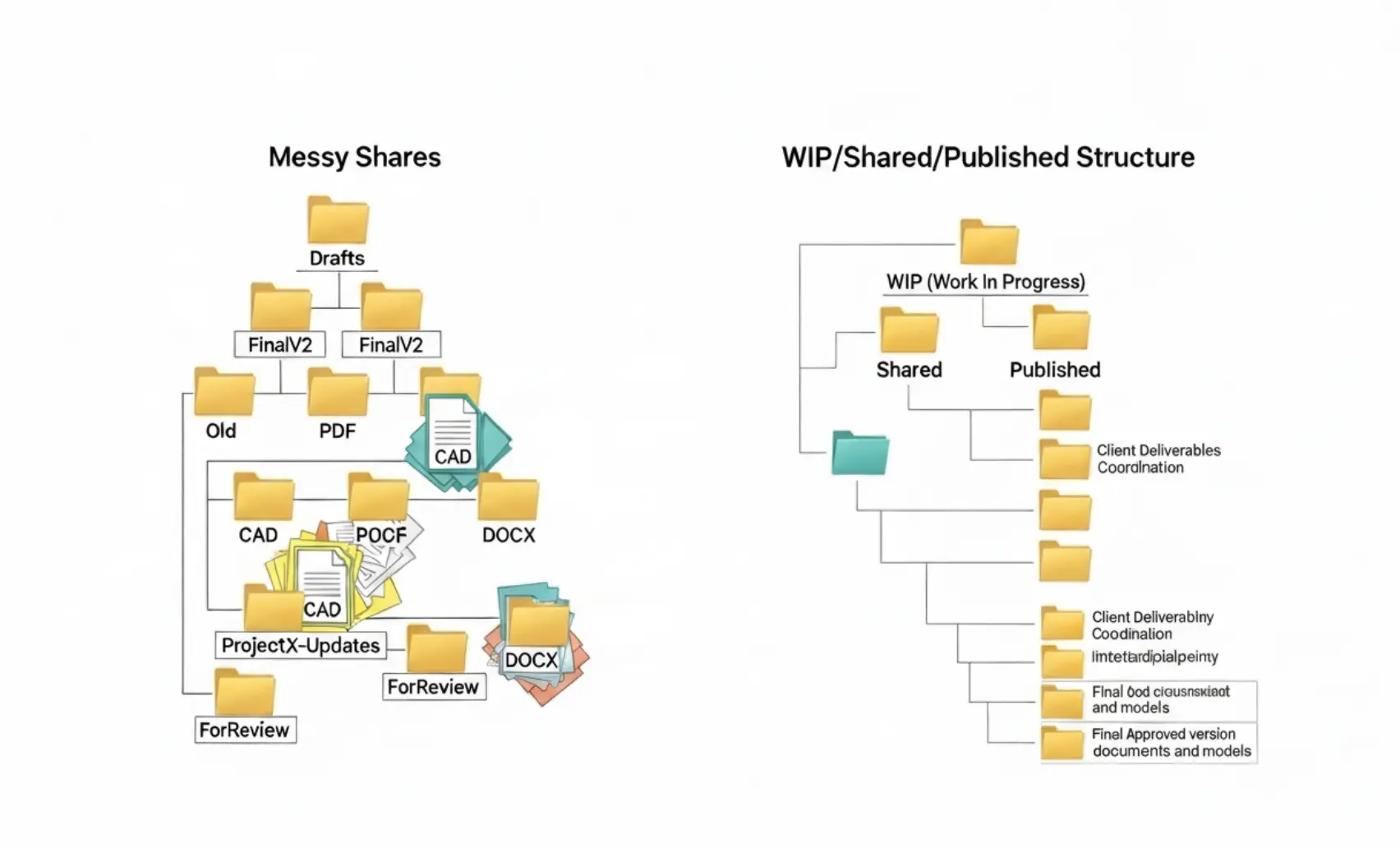 Side-by-side file trees comparing messy shares with a WIP/Shared/Published structure.