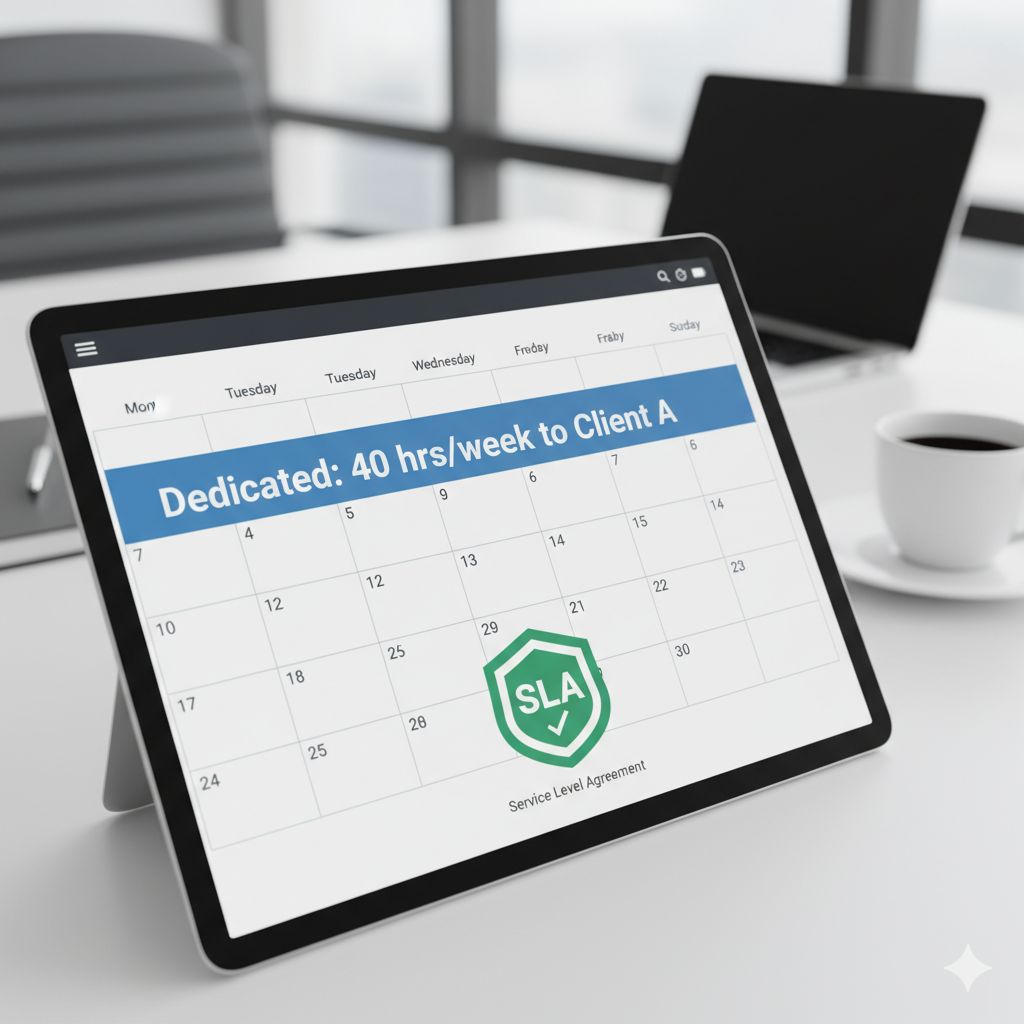 Calendar graphic labeled “Dedicated: 40 hrs/week to Client A” with SLA badge.