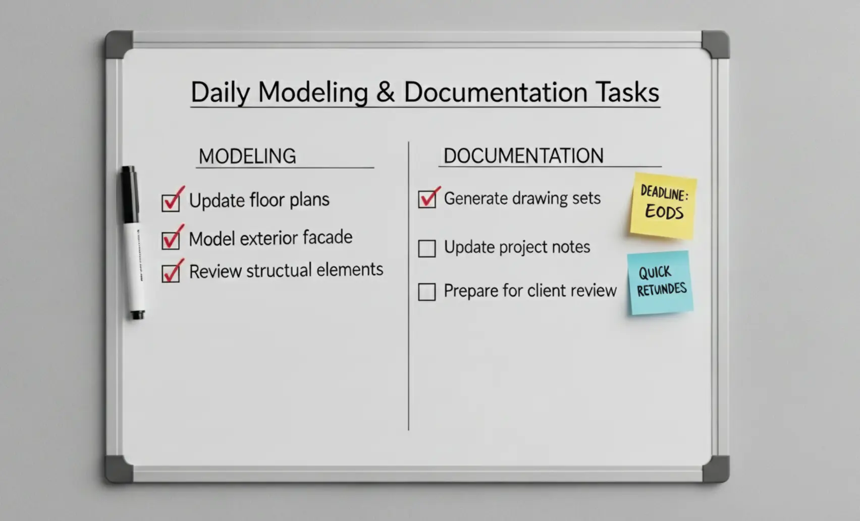 Simple board tracking daily modeling and documentation tasks