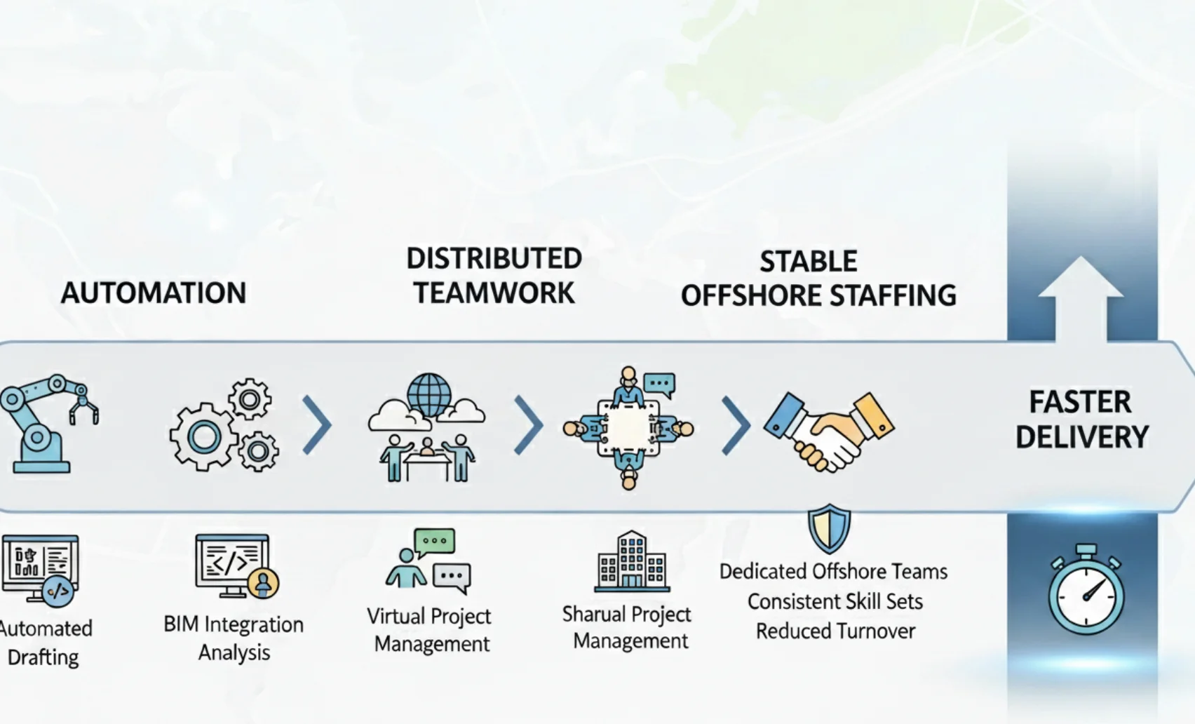 Roadmap showing automation, distributed teamwork, and stable offshore staffing converging on faster delivery. 