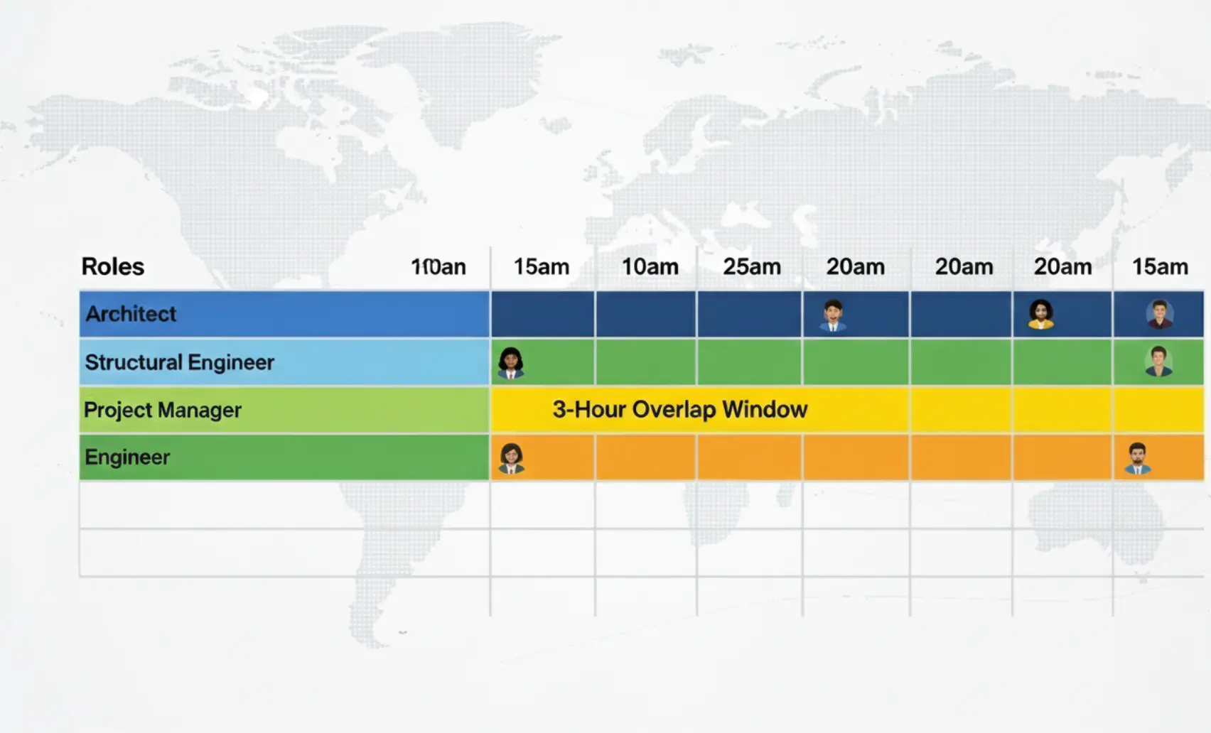 Grid of roles mapped to time blocks and a daily 3-hour overlap window