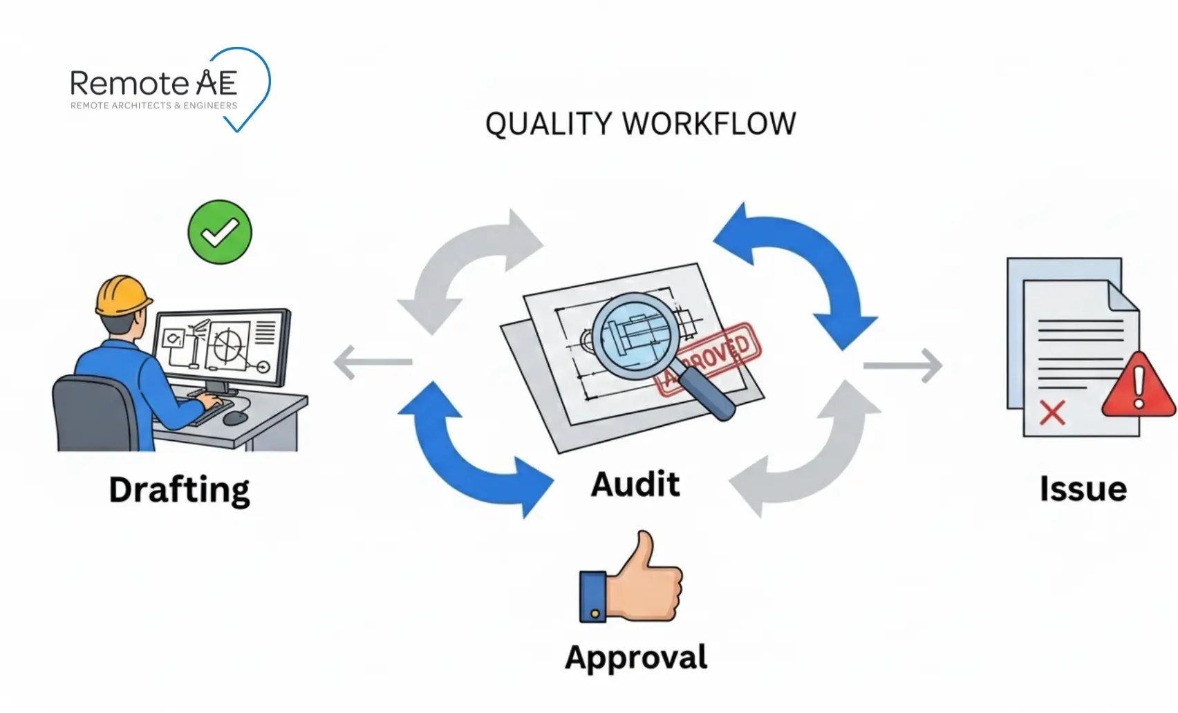 Quality workflow showing drafting, audit, and issue steps with approvals