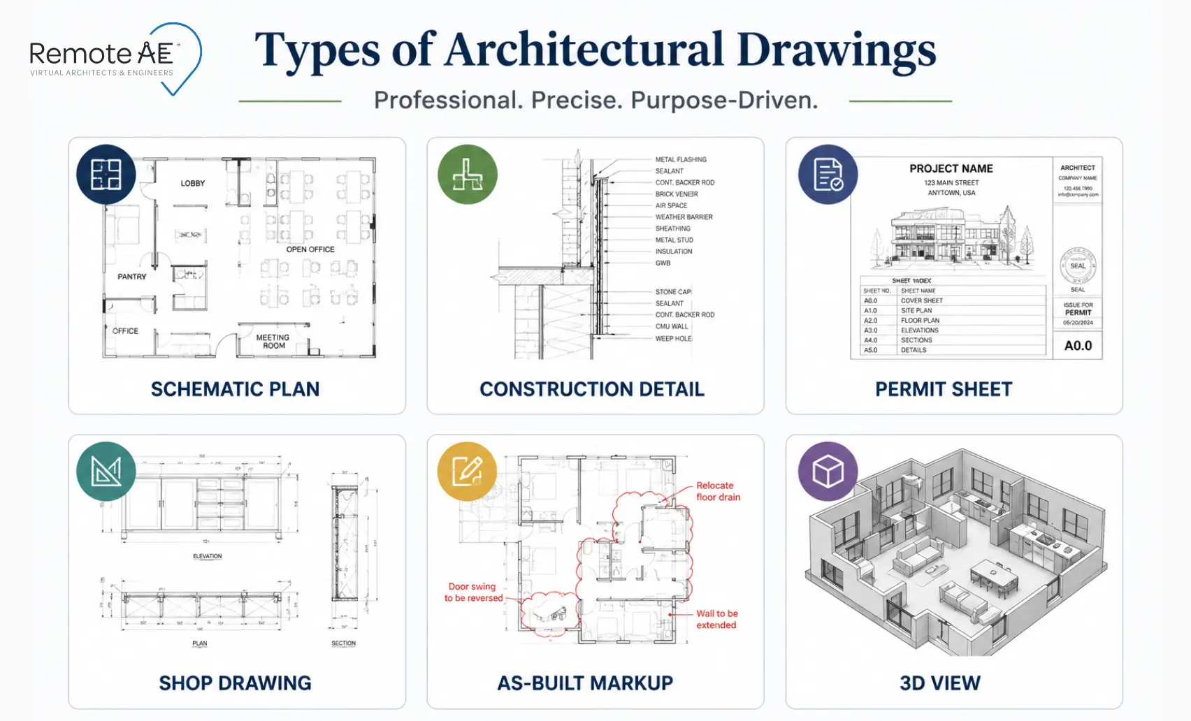 Six types of architectural drawings you can outsource: schematic, construction, permit, shop, as-built and 3D views.