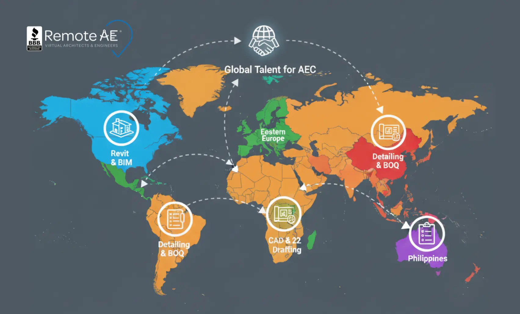 World map highlighting offshore regions and core AEC skills available.