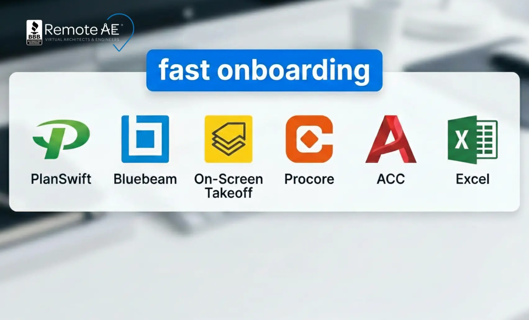 Tool stack strip: PlanSwift | Bluebeam | On-Screen Takeoff | Procore | ACC | Excel with “fast onboarding” tag
