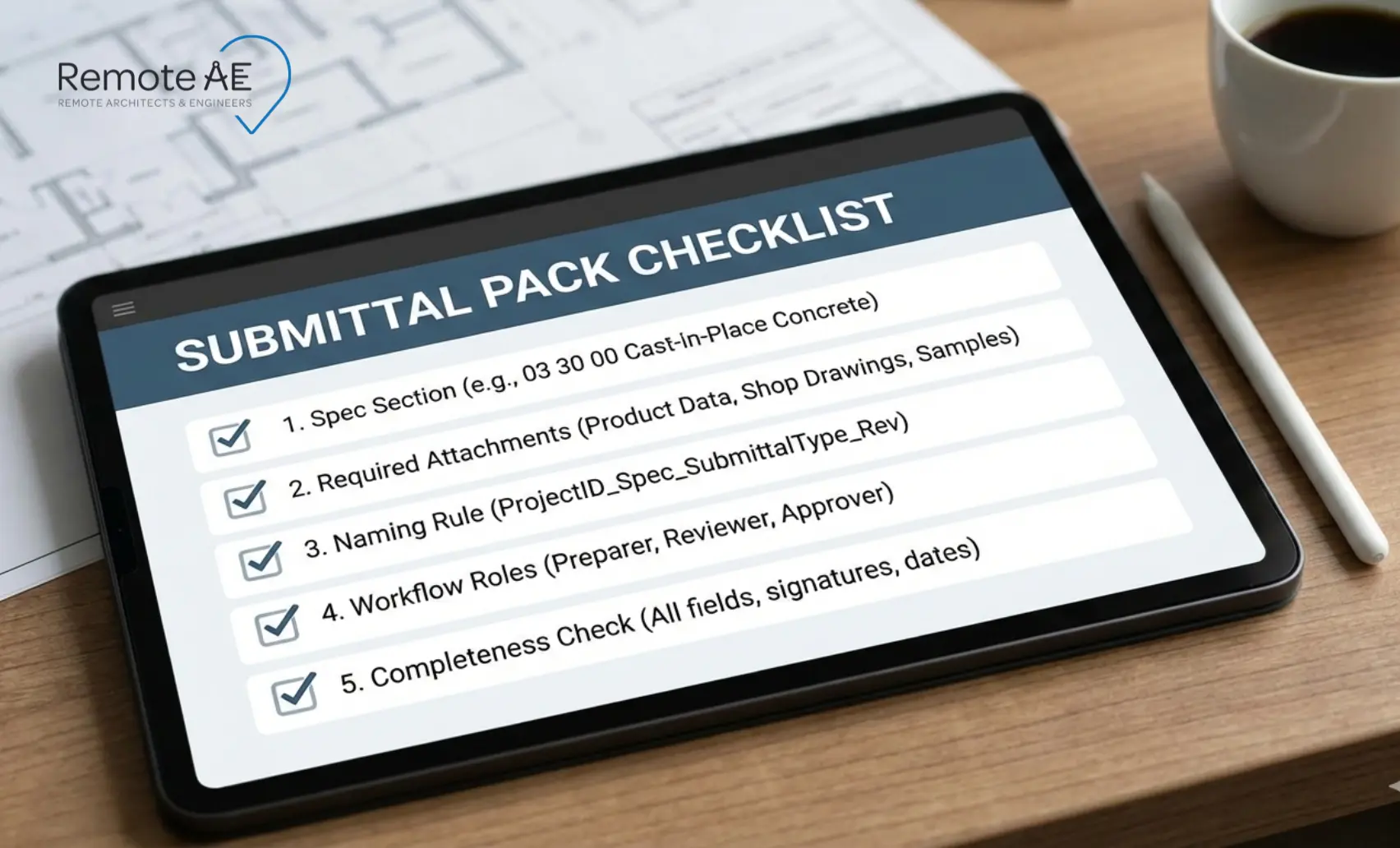 Submittal pack checklist infographic for construction documentation assistant