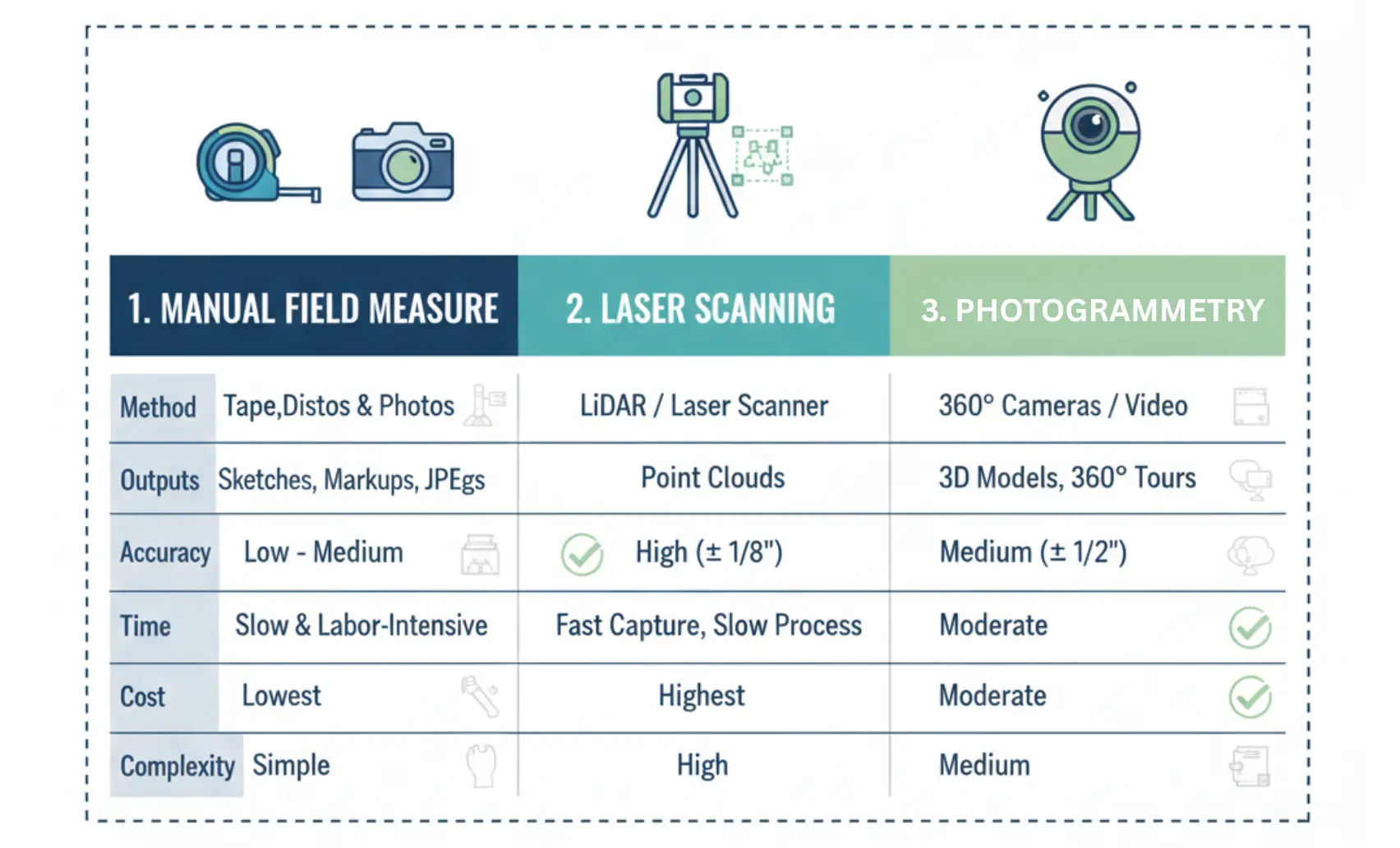 Comparison chart of existing condition capture methods