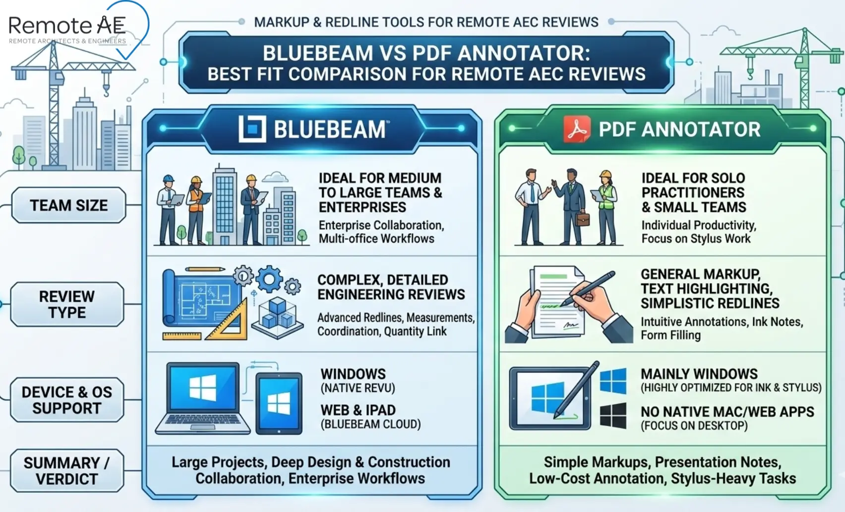 Comparison chart showing best fit for Bluebeam vs PDF Annotator