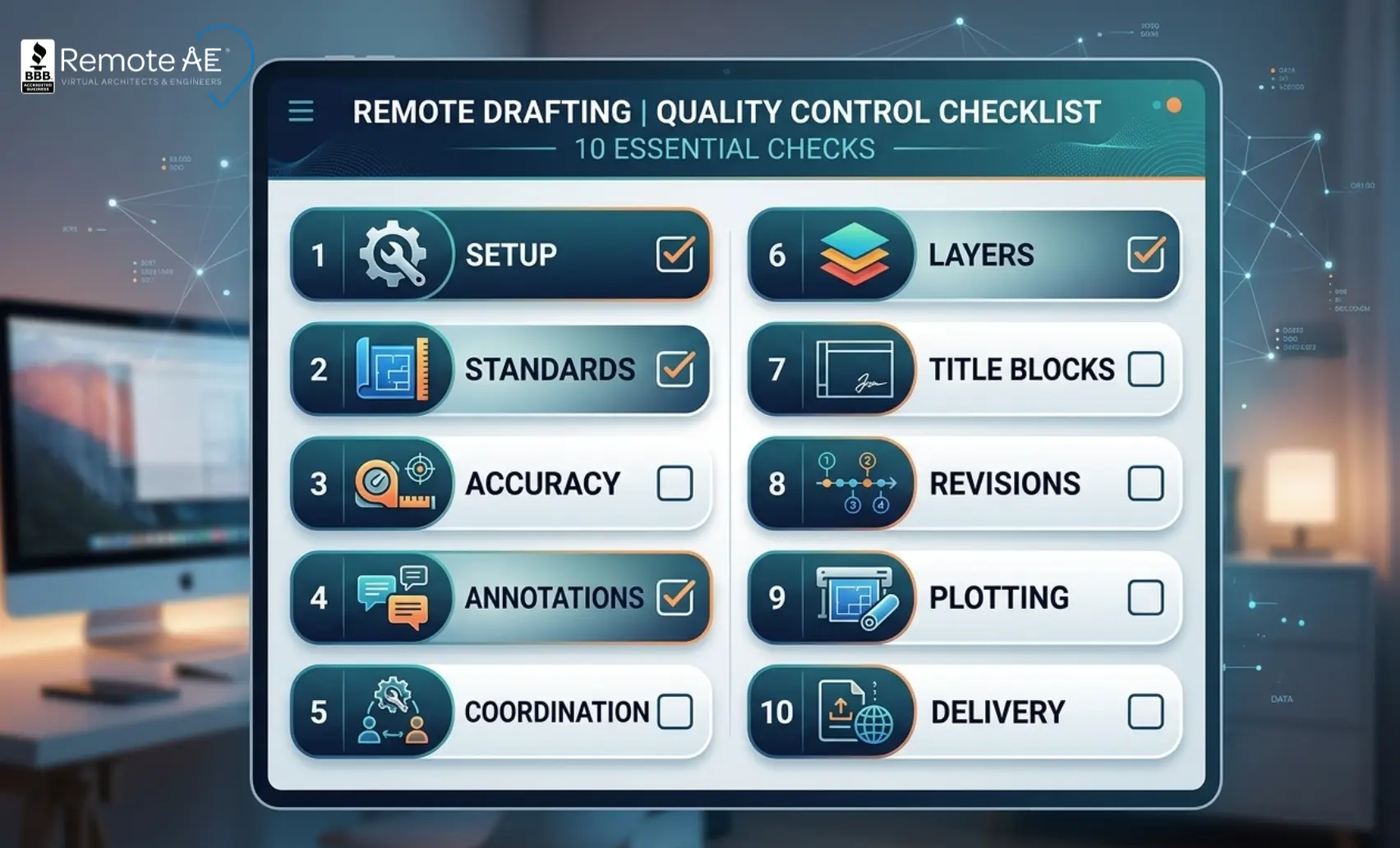 One-page checklist showing 10 QC checks for remote drafting