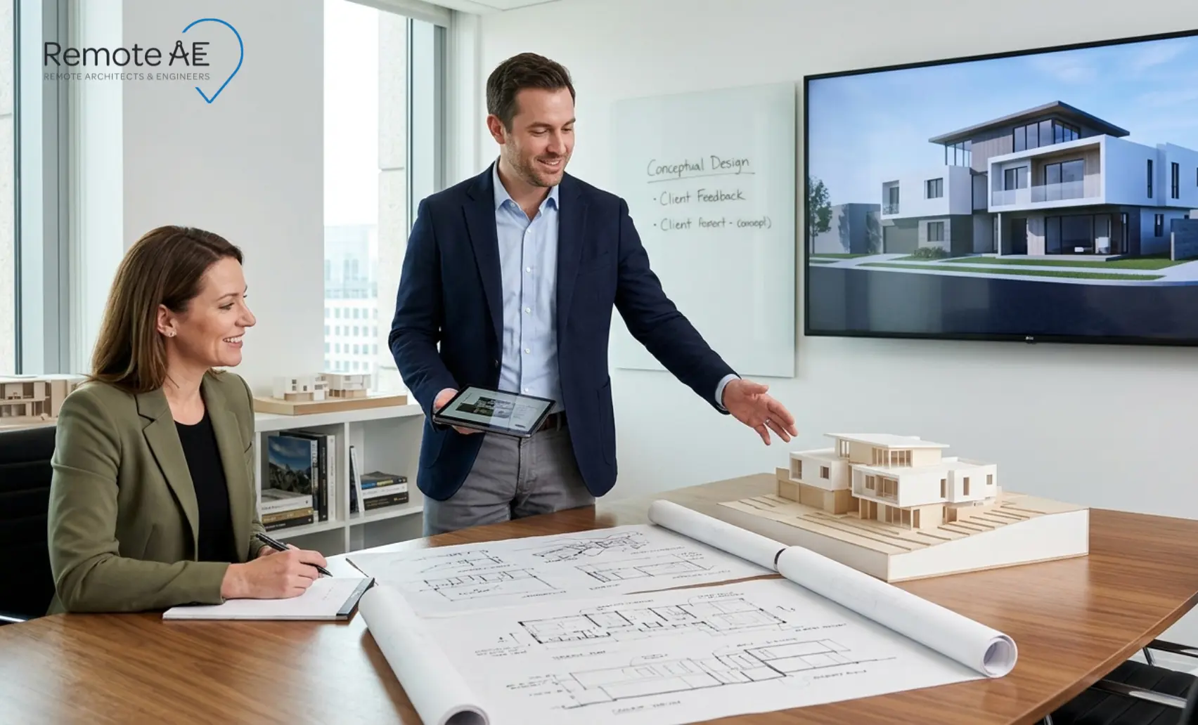 Architect presenting concept drawings and 3D model to a client