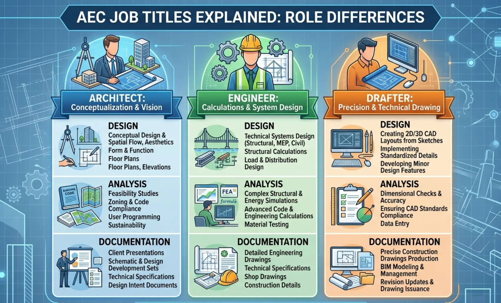 Role-difference infographic for Architect, Engineer, and Drafter
