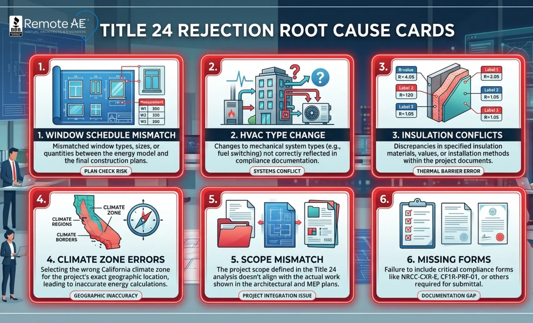 Graphic: "Title 24 Rejection Root Cause Cards"