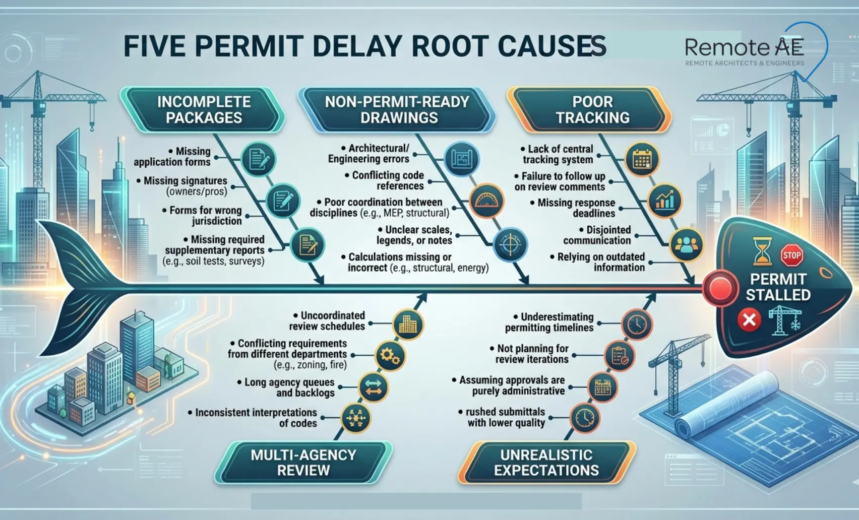 Graphic: "Five Permit Delay Root Cause Diagram"