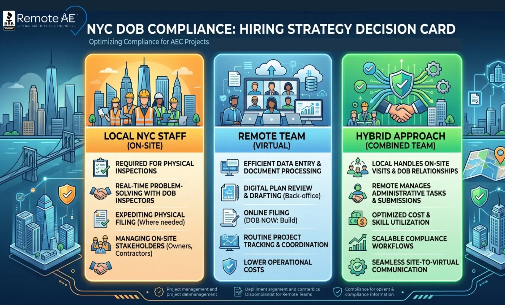 Three-column decision card showing when to hire local, use remote, or combine both