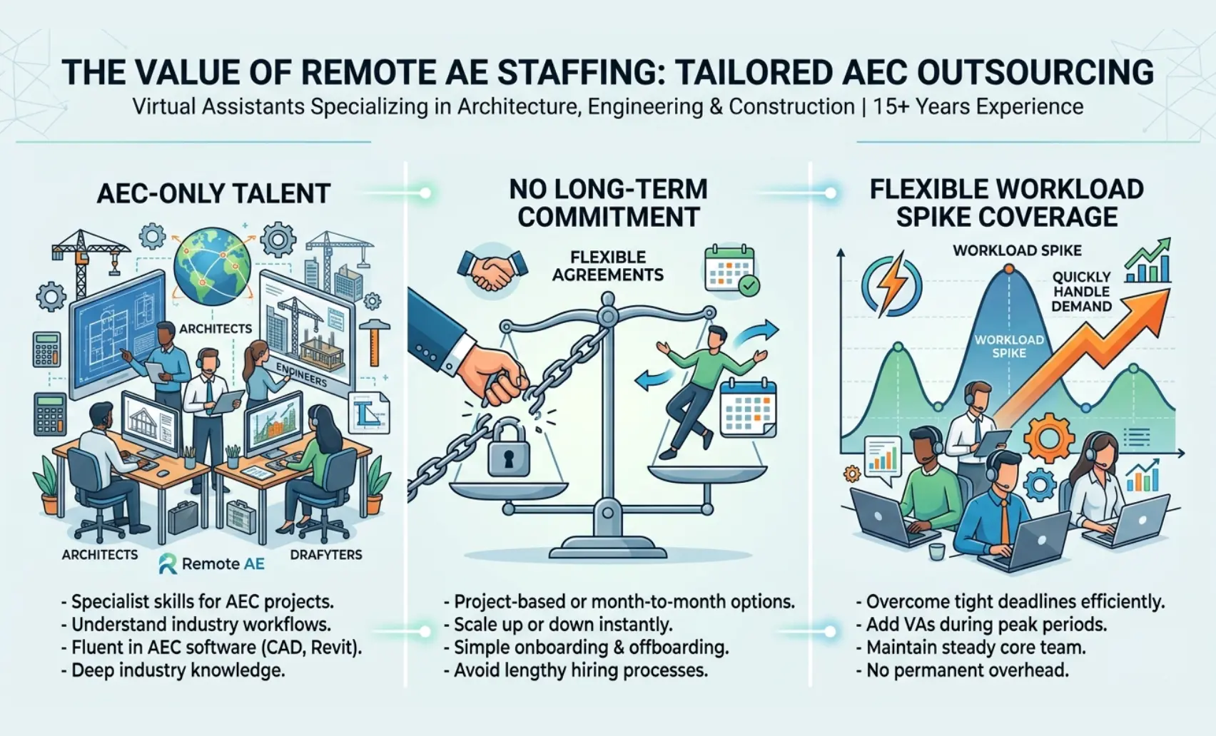 Three-panel strip showing Remote AE staffing value
