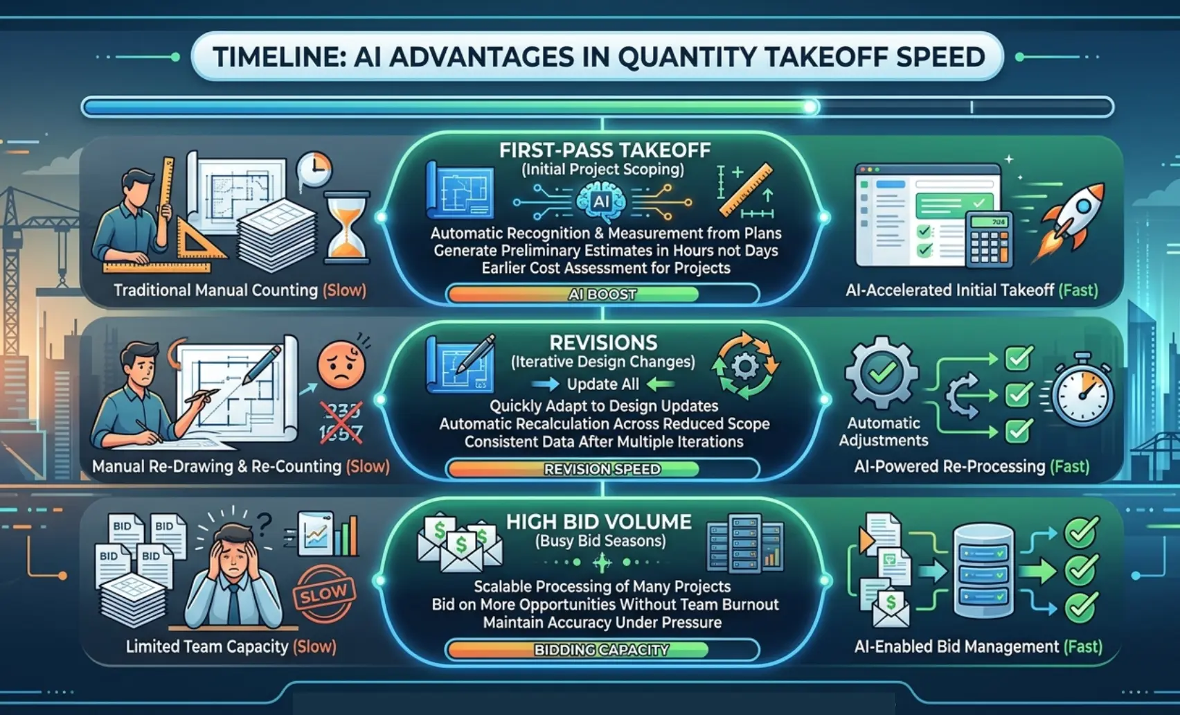 Timeline showing where AI quantity takeoff tools deliver speed advantages during first-pass takeoff