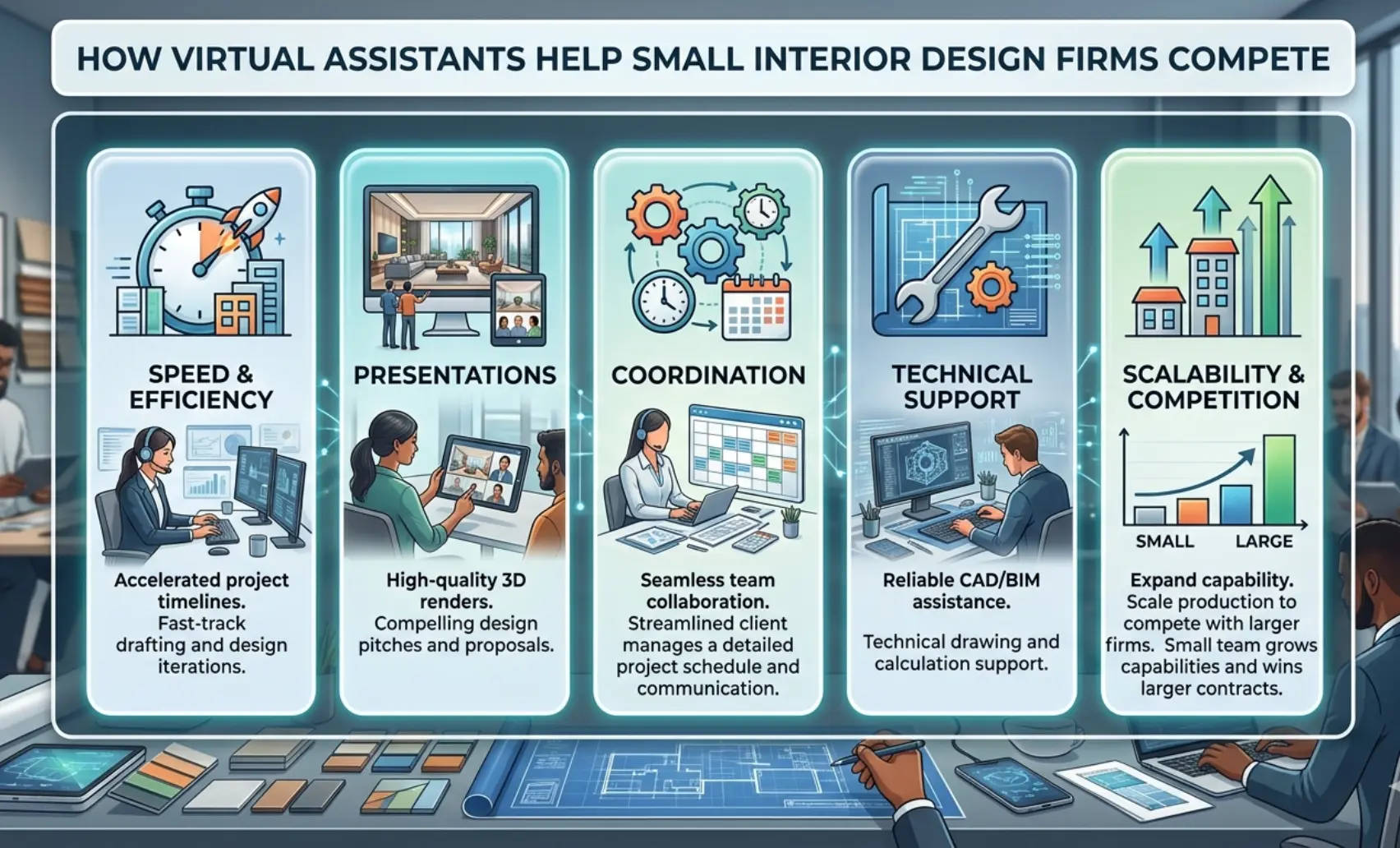 Five-icon strip showing how virtual assistants help small interior design firms compete