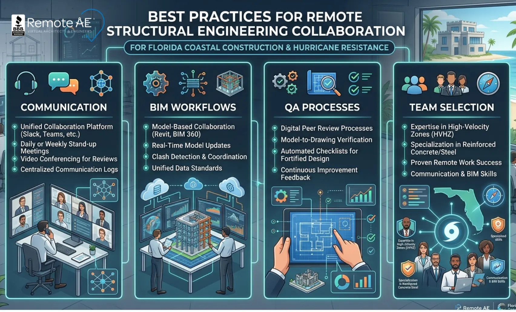 Four-column best practice graphic for remote structural engineering collaboration