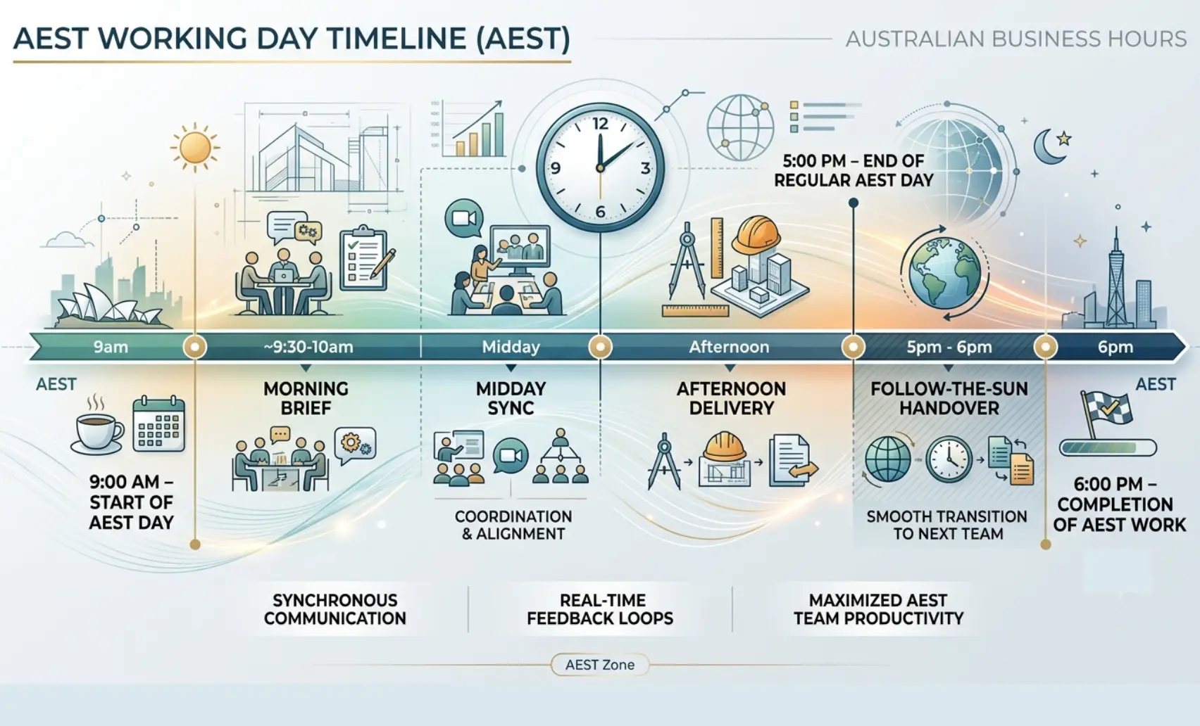 Graphic: "AEST Working Day Timeline"